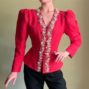 Pearly Beaded Blazer, Scarlet Red Statement Jacket, Heavy Beaded Collar, Pearls